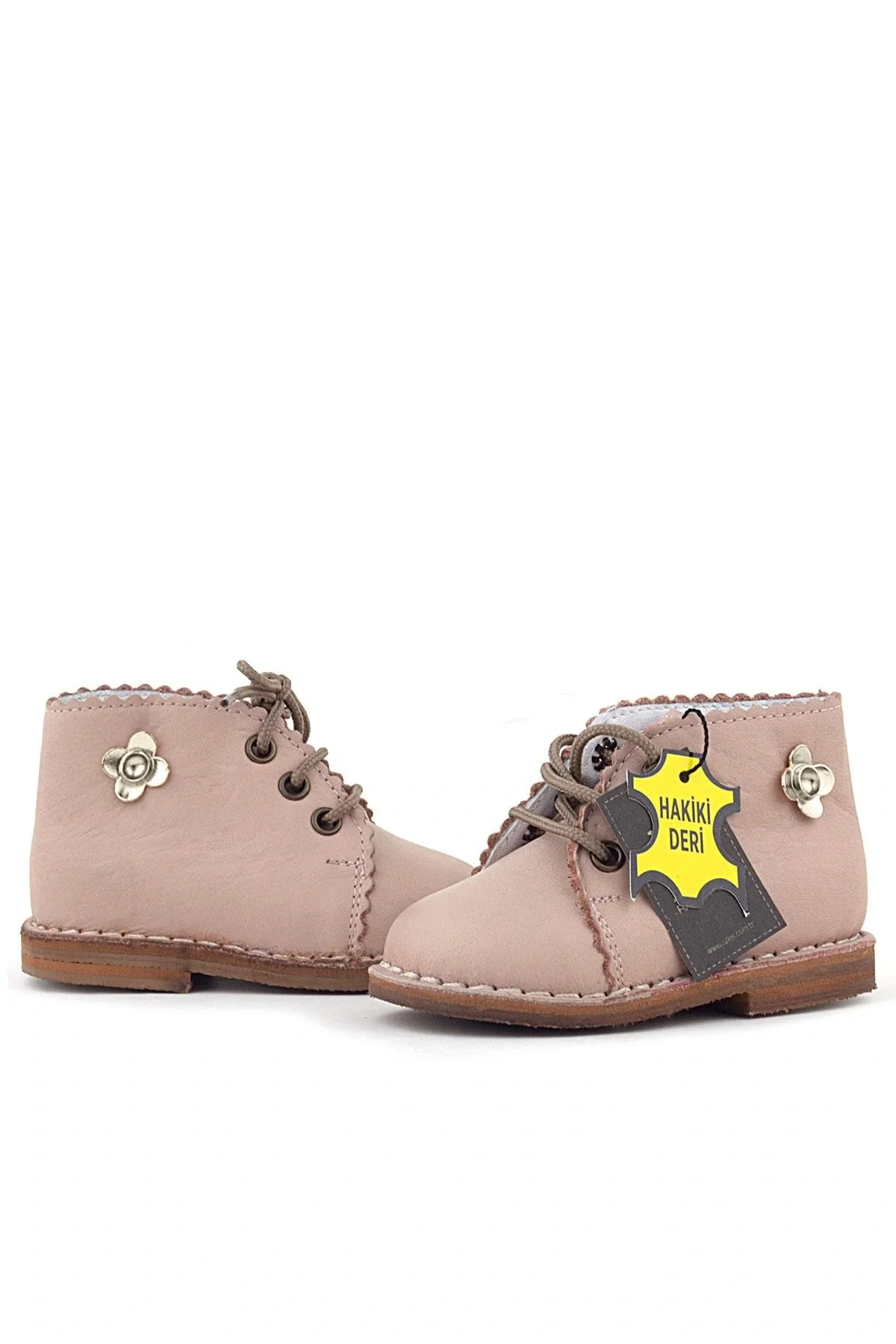 Rakerplus Handmade Hakiki Deri Pembe Çiçek Detaylı Bağcıklı Bebek Bot