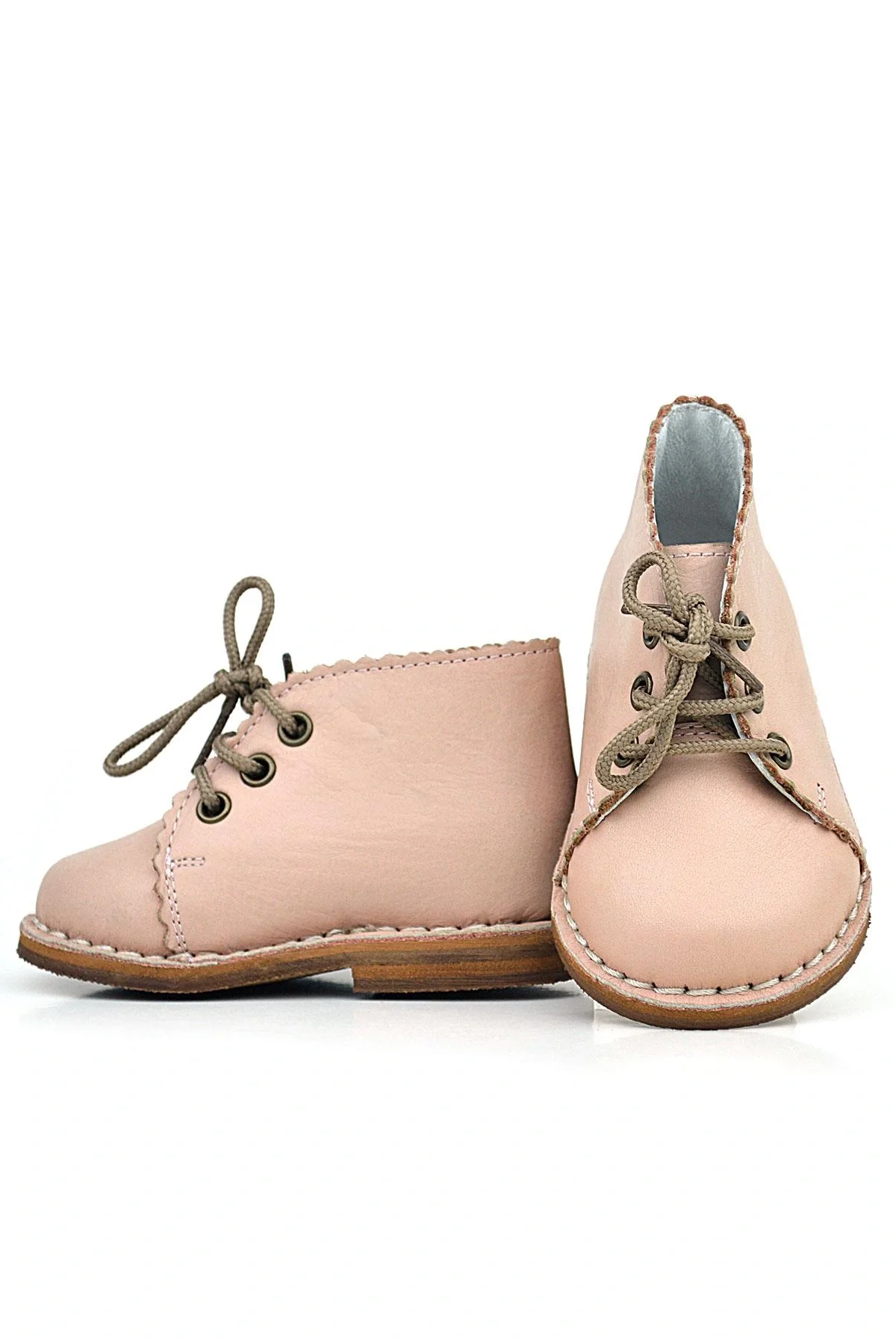 Rakerplus Handmade Hakiki Deri Pudra Pembe Bağcıklı Kız Bebek Bot