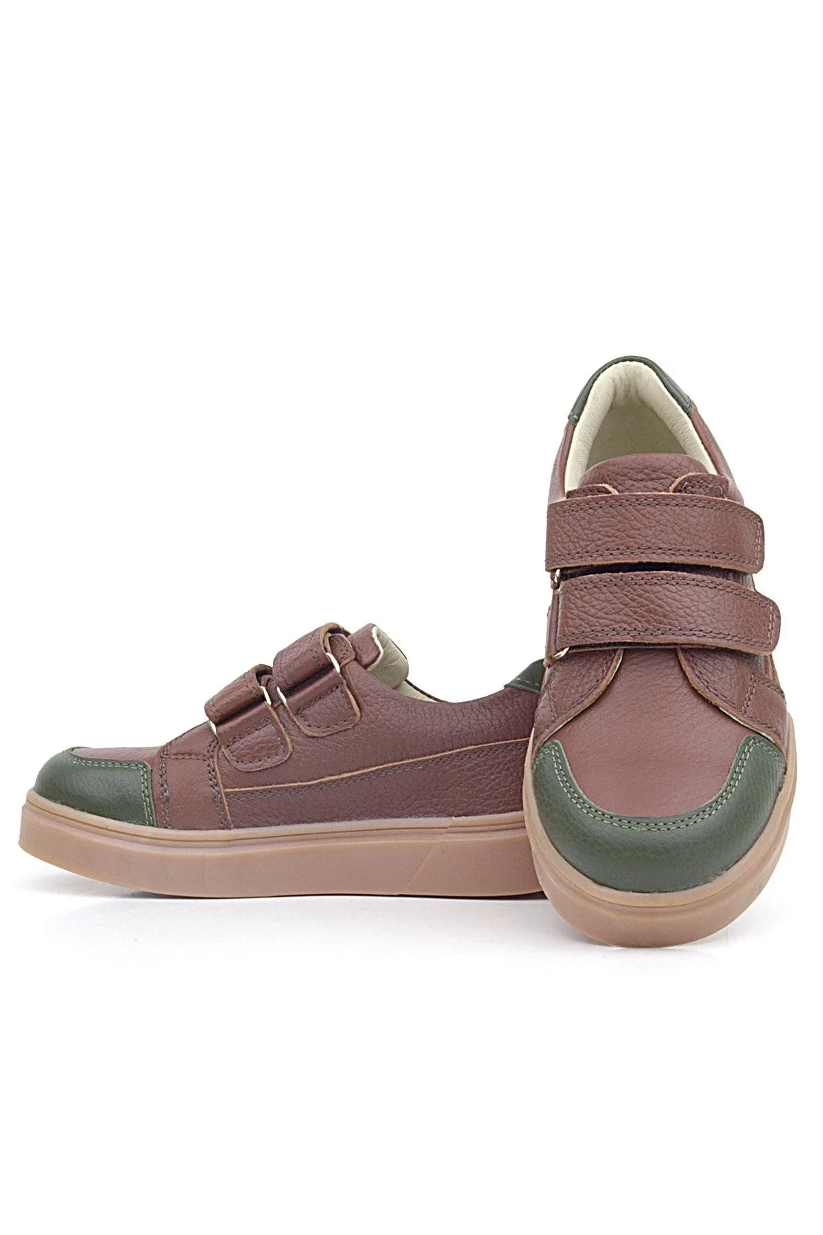 Rakerplus Kahverengi Yeşil Hakiki Deri Cırtlı Kız Çocuk Sneaker Ayakkabı