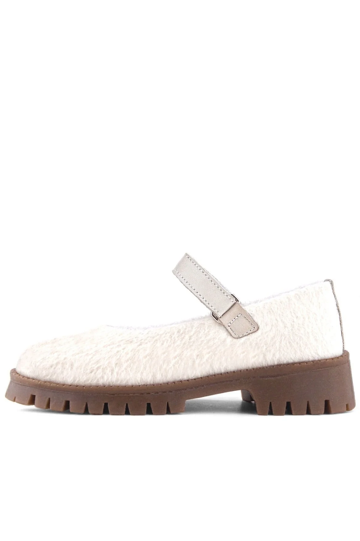 Rakerplus Krem Cırtlı Kalın Tabanlı Kız Çocuk Peluş Babet Ayakkabısı