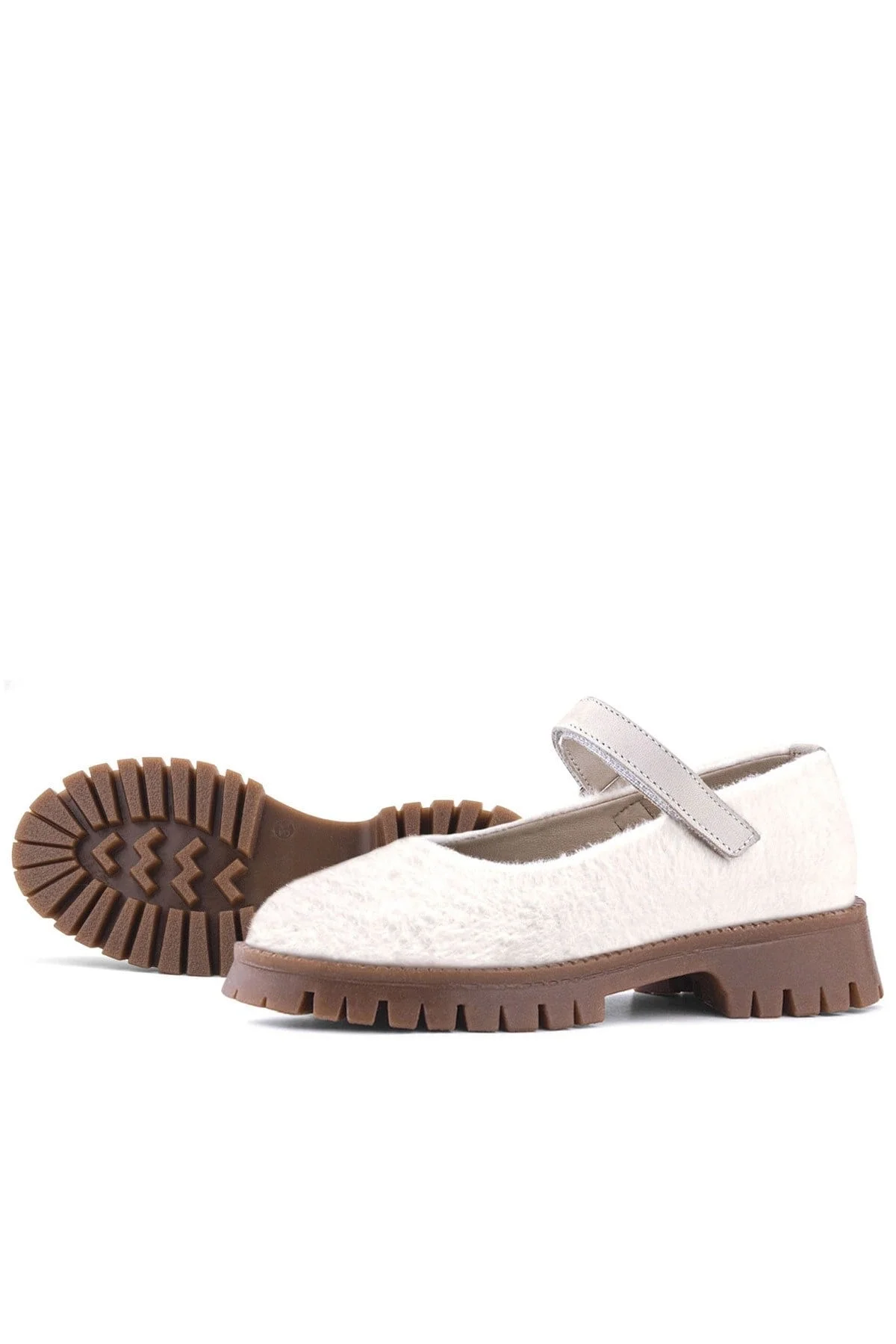 Rakerplus Krem Cırtlı Kalın Tabanlı Kız Çocuk Peluş Babet Ayakkabısı