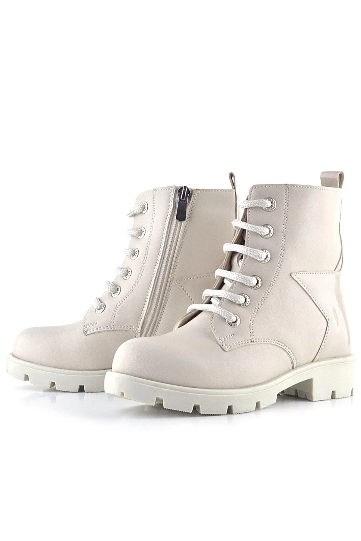 Rakerplus Krem Yıldız Detaylı Bağcıklı Fermuarlı Kız Çocuk Bot