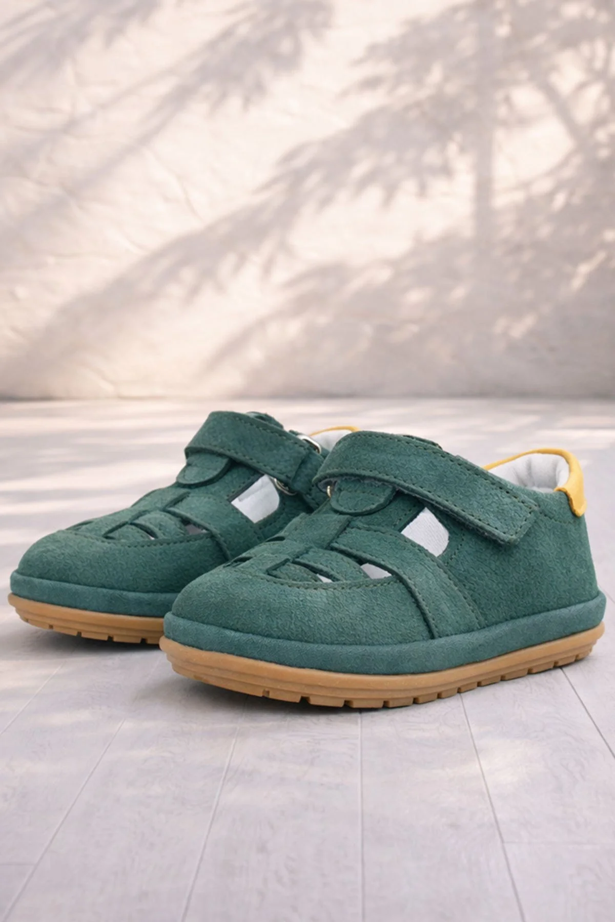 Rakerplus Muppet Hakiki Deri Yeşil Sarı Cırtlı Anatomik Bebek Sandalet Ayakkabı