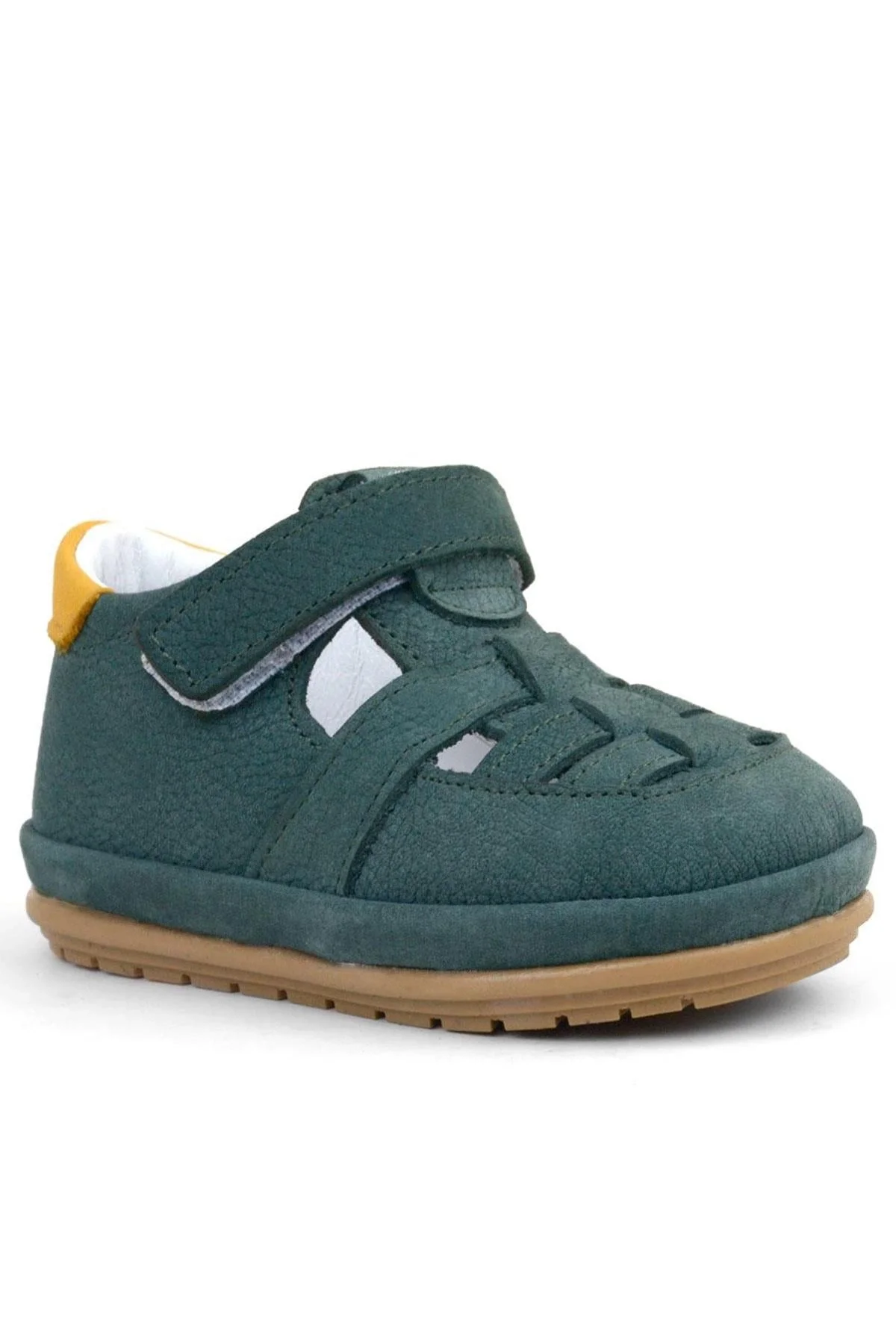 Rakerplus Muppet Hakiki Deri Yeşil Sarı Cırtlı Anatomik Bebek Sandalet Ayakkabı