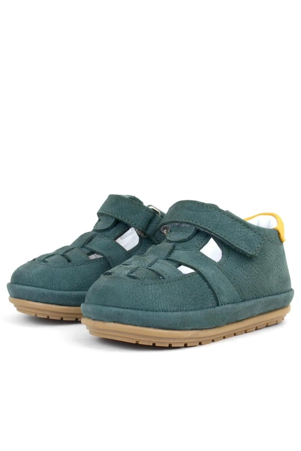 Rakerplus Muppet Hakiki Deri Yeşil Sarı Cırtlı Anatomik Bebek Sandalet Ayakkabı