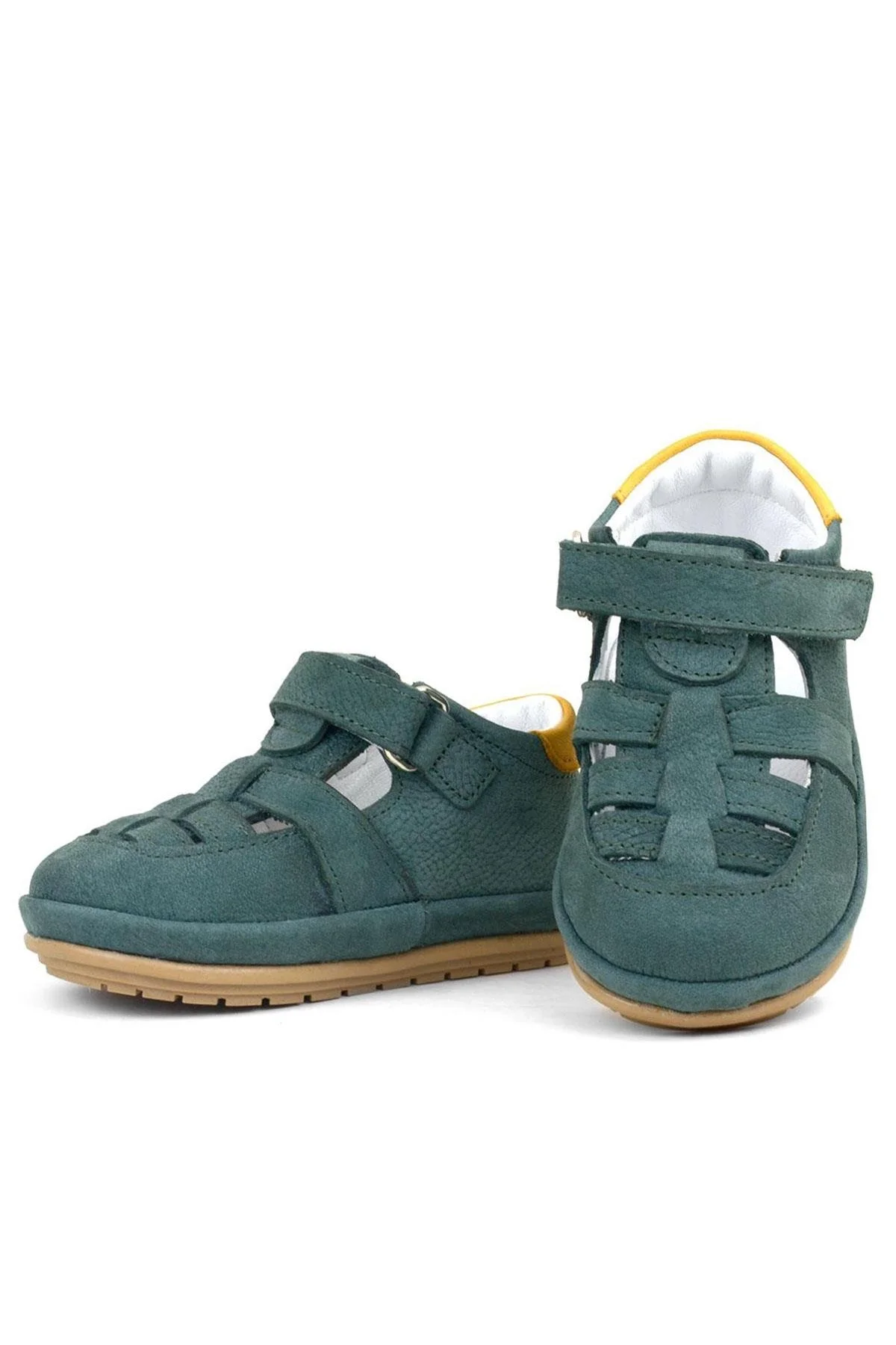 Rakerplus Muppet Hakiki Deri Yeşil Sarı Cırtlı Anatomik Bebek Sandalet Ayakkabı
