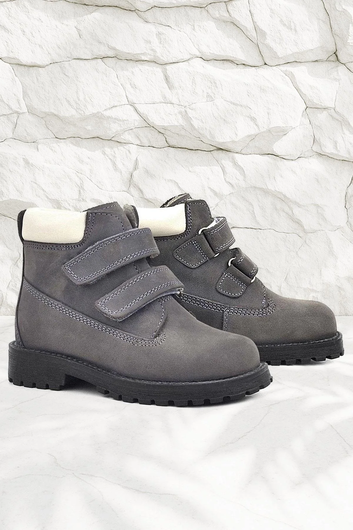 Rakerplus Neson Hakiki Deri Gri Cırtlı Kürklü Çocuk Bot