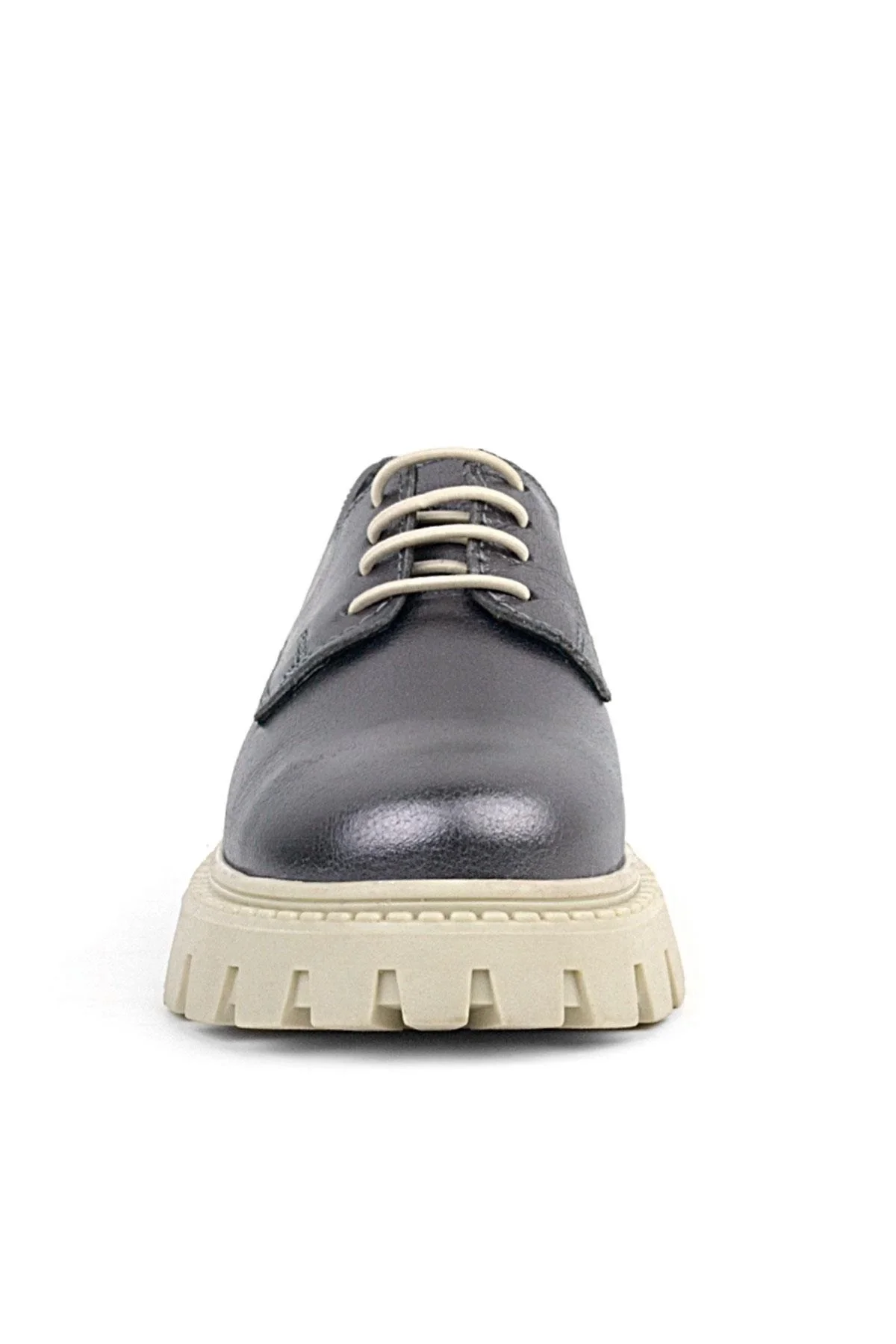 Rakerplus Platin Hakiki Deri Bağcıklı Kız Çocuk Oxford Okul Ayakkabı