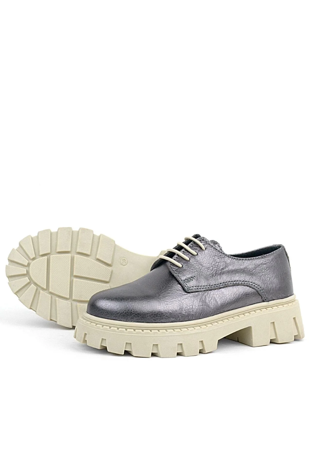 Rakerplus Platin Hakiki Deri Bağcıklı Kız Çocuk Oxford Okul Ayakkabı