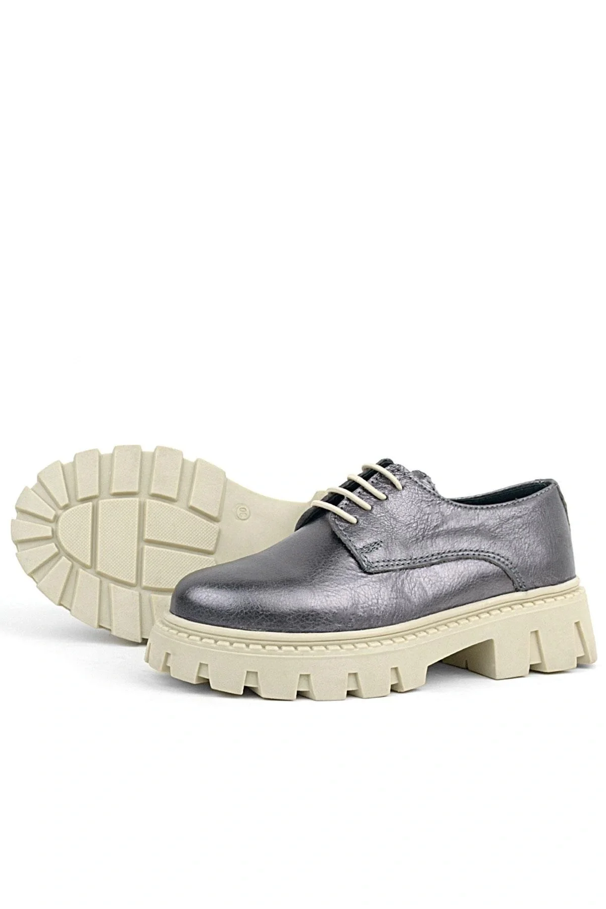 Rakerplus Platin Hakiki Deri Bağcıklı Kız Çocuk Oxford Okul Ayakkabı