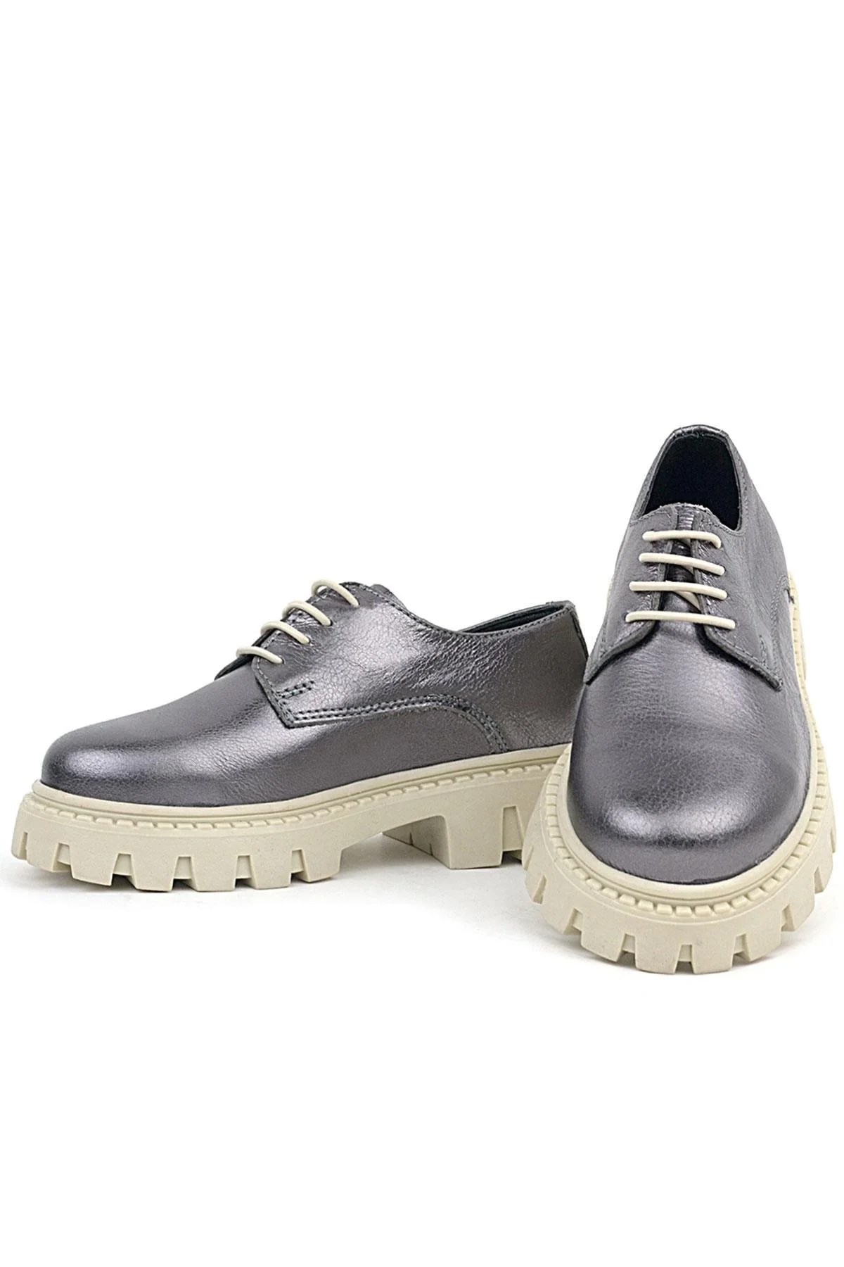 Rakerplus Platin Hakiki Deri Bağcıklı Kız Çocuk Oxford Okul Ayakkabı