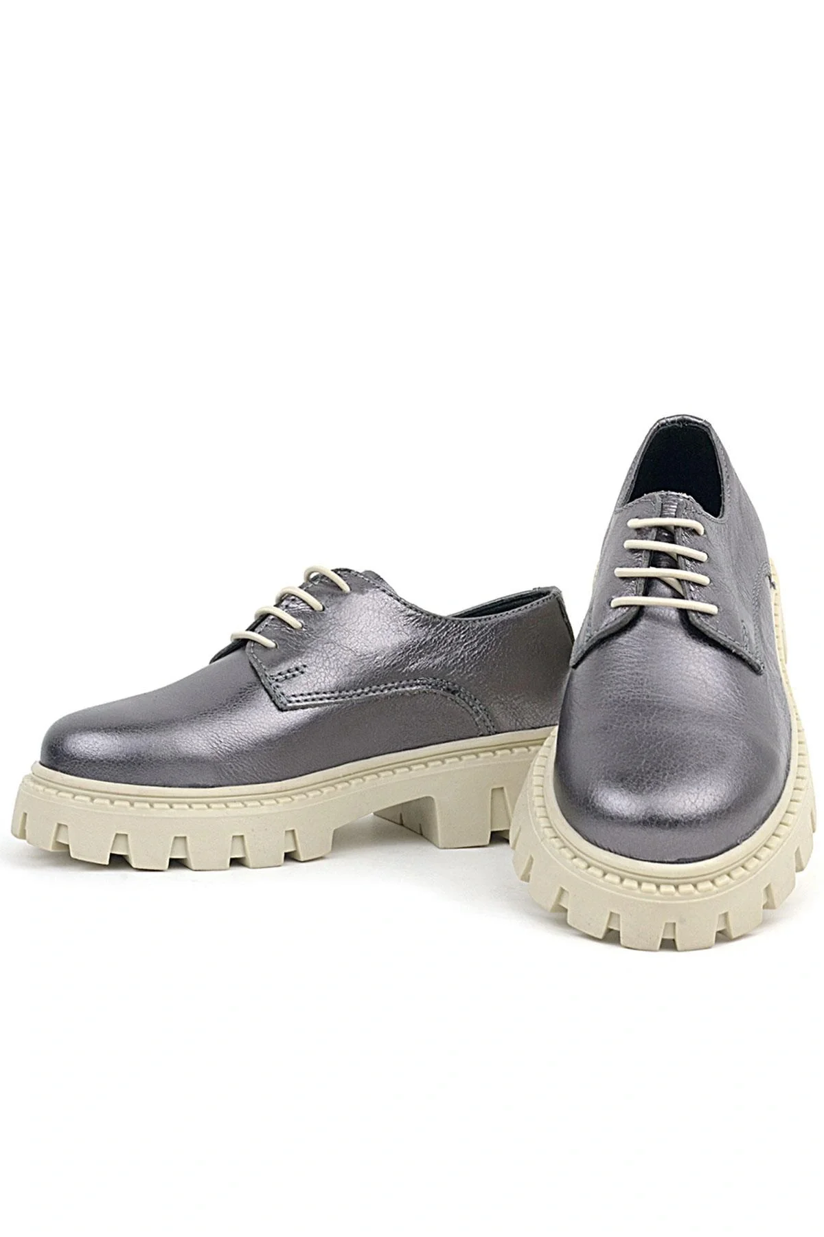 Rakerplus Platin Hakiki Deri Bağcıklı Kız Çocuk Oxford Okul Ayakkabı