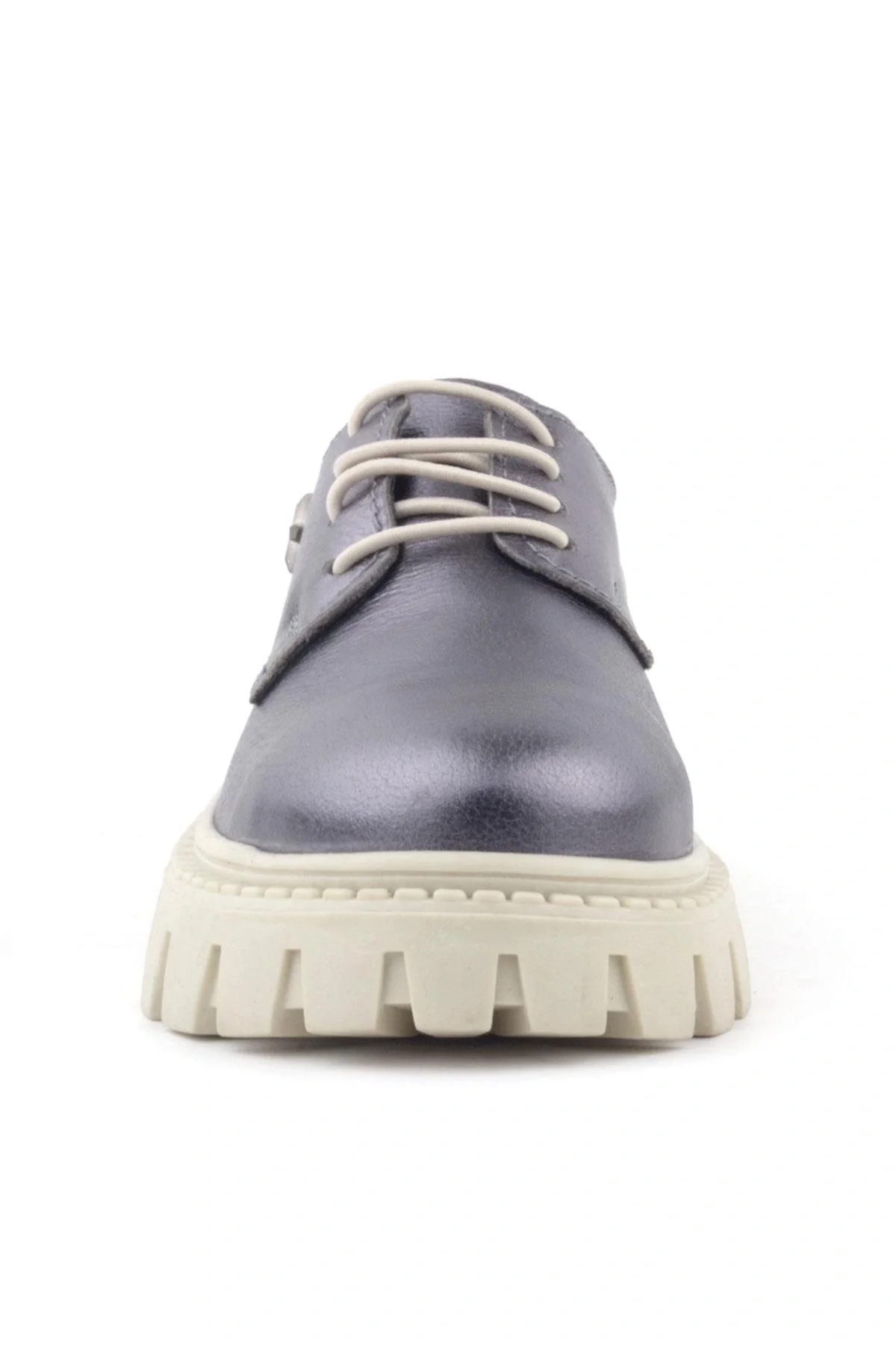 Rakerplus Platin Hakiki Deri Bağcıklı Yıldızlı Kız Çocuk Oxford Okul Ayakkabı