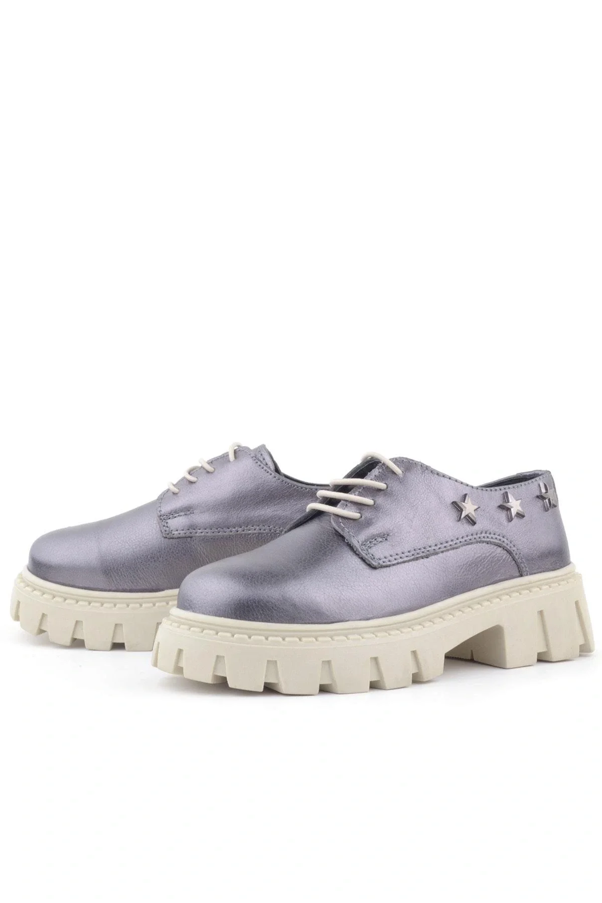 Rakerplus Platin Hakiki Deri Bağcıklı Yıldızlı Kız Çocuk Oxford Okul Ayakkabı