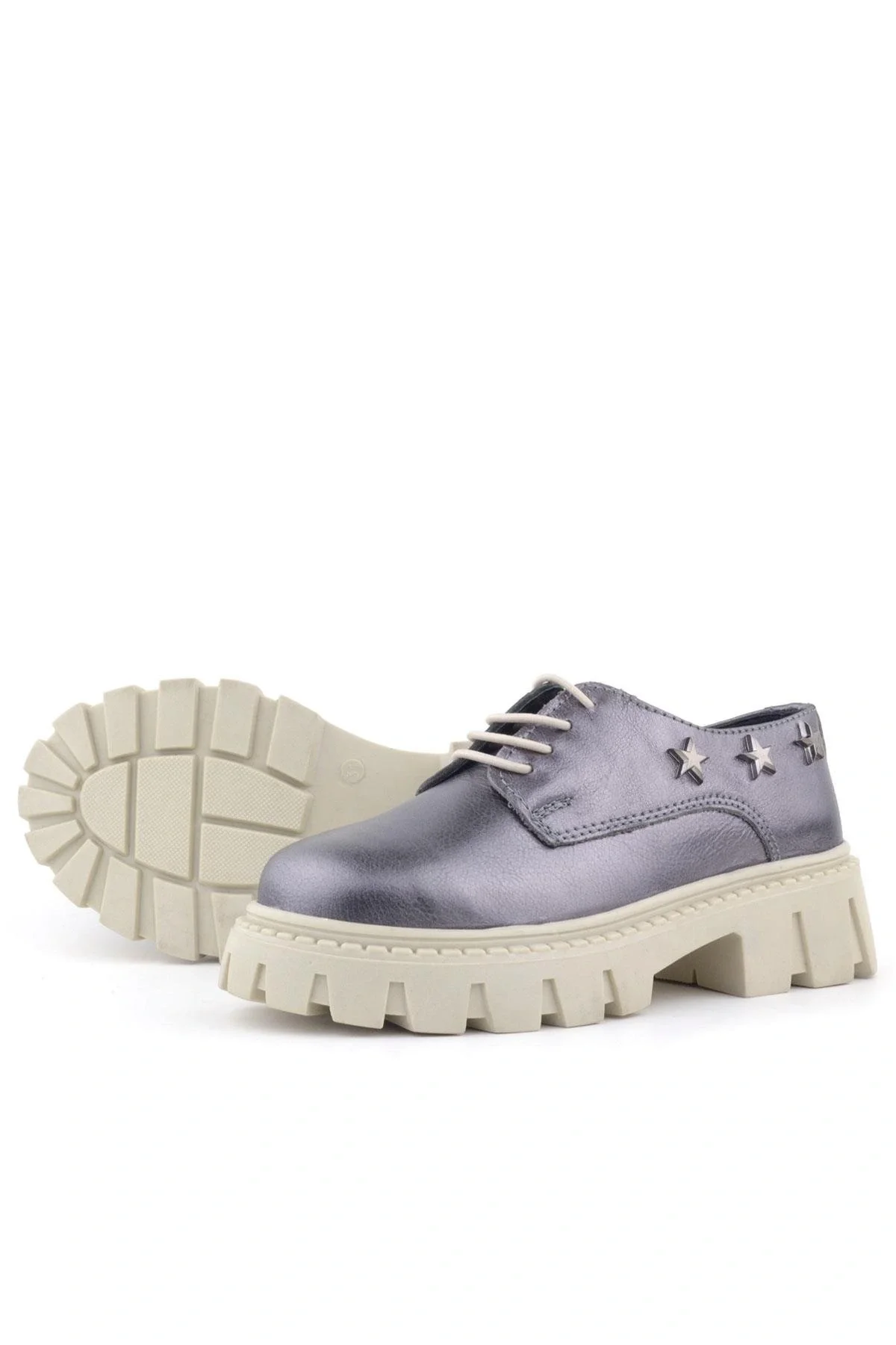 Rakerplus Platin Hakiki Deri Bağcıklı Yıldızlı Kız Çocuk Oxford Okul Ayakkabı