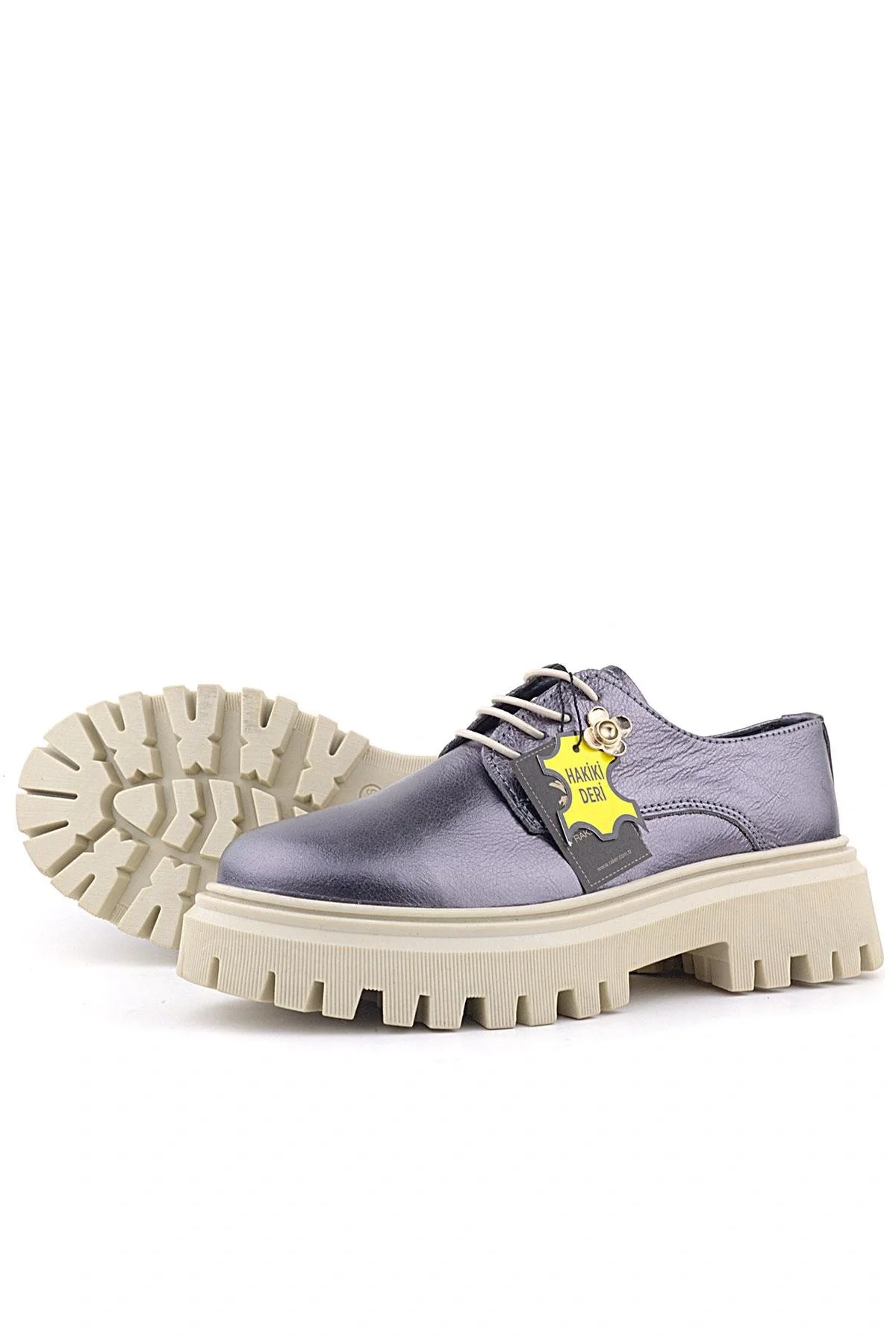 Rakerplus Platin Hakiki Deri Çiçek Detaylı Bağcıklı Oxford Günlük Ayakkabı