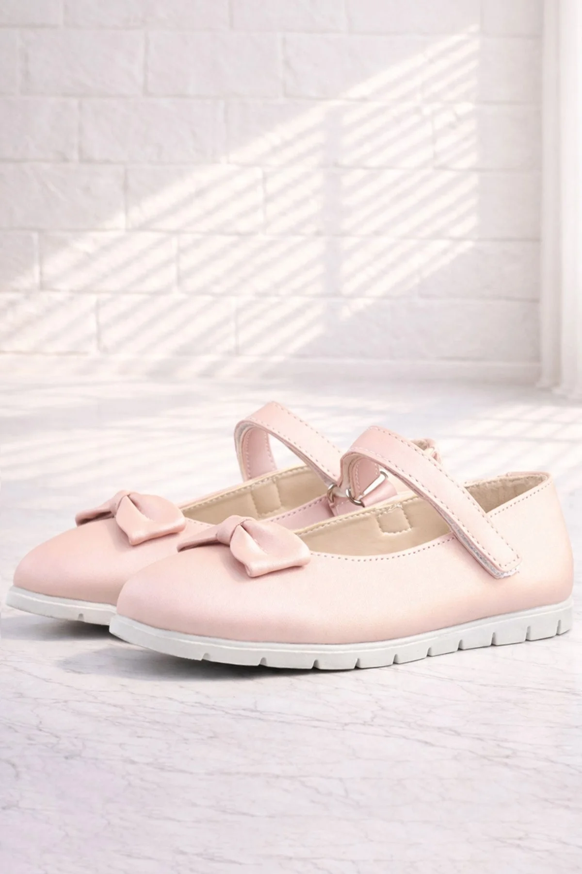 Rakerplus Pudra Pembe Fiyonklu Cırtlı Kız Çocuk Babet Ayakkabı