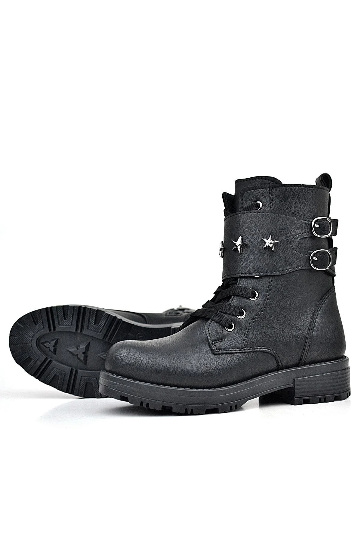 Rakerplus Siyah Bağcıklı Fermuarlı Yıldız Detaylı Kız Çocuk Bot