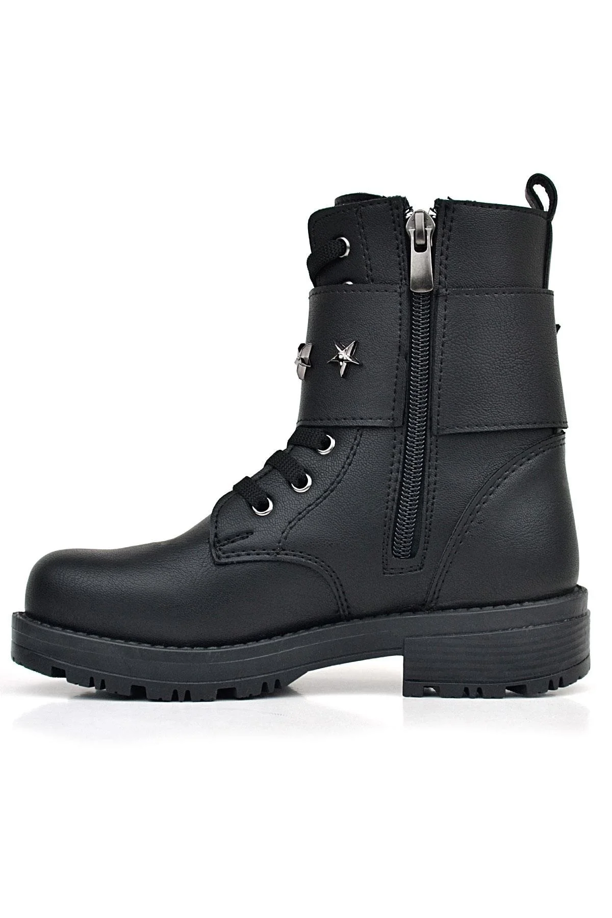 Rakerplus Siyah Bağcıklı Fermuarlı Yıldız Detaylı Kız Çocuk Bot