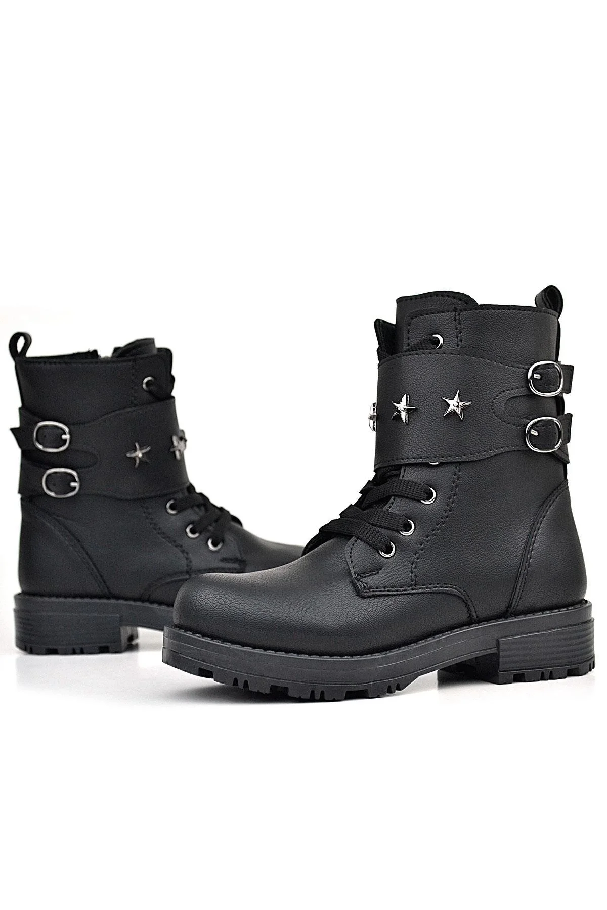 Rakerplus Siyah Bağcıklı Fermuarlı Yıldız Detaylı Kız Çocuk Bot