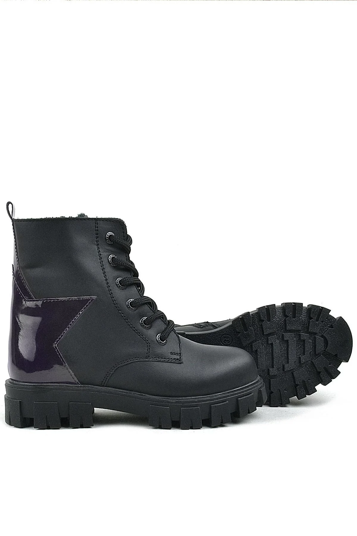 Rakerplus Siyah Hakiki Deri Platin Yıldız Detaylı Kız Çocuk Bot