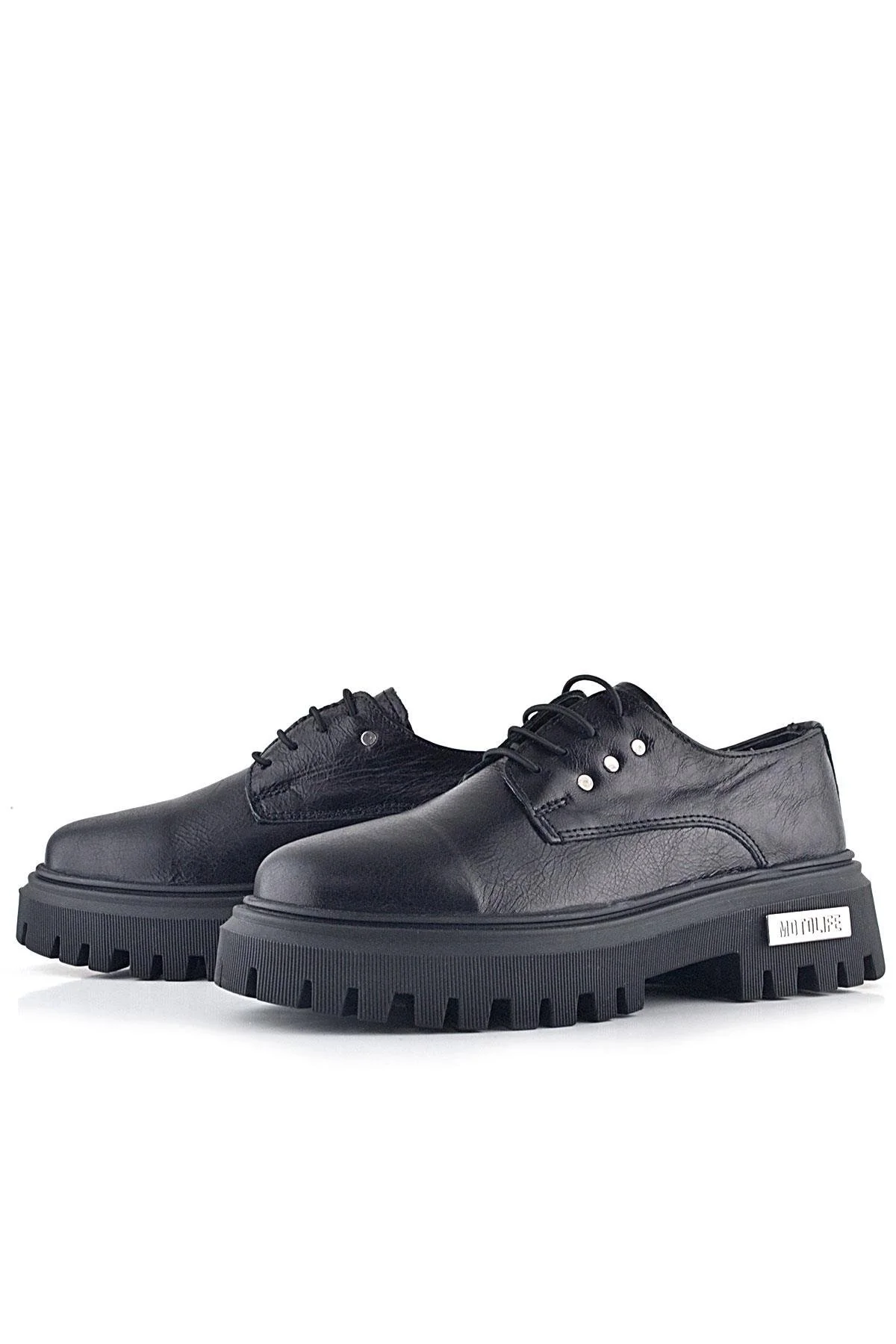 Rakerplus Siyah Kırışık Hakiki Deri Bağcıklı Metal Detaylı GünlükOxford Ayakkabı
