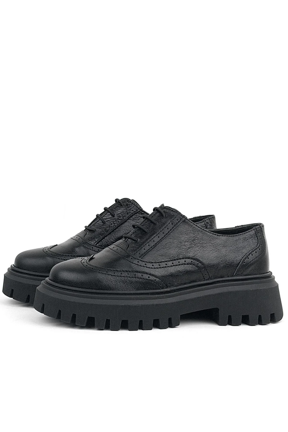 Rakerplus Siyah Kırışık Rugan Hakiki Deri Bağcıklı Oxford Günlük Ayakkabı