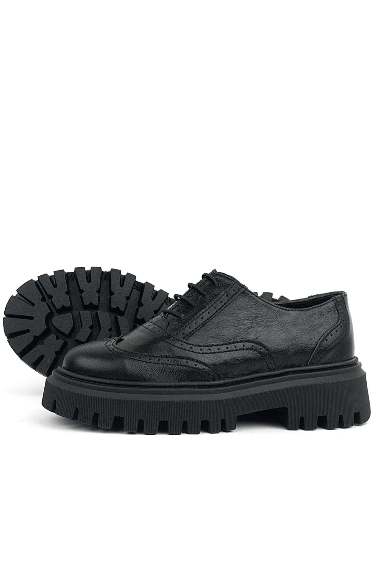 Rakerplus Siyah Kırışık Rugan Hakiki Deri Bağcıklı Oxford Günlük Ayakkabı