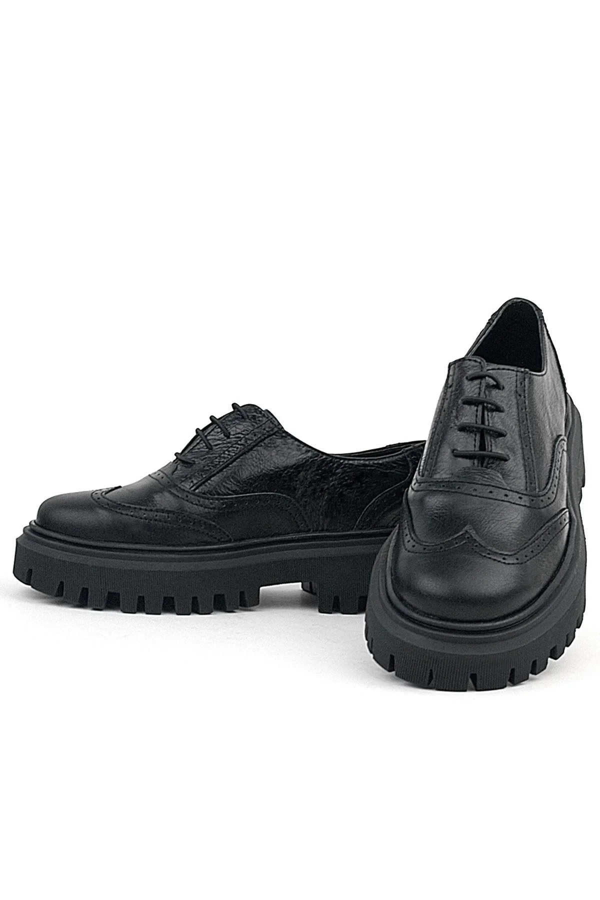 Rakerplus Siyah Kırışık Rugan Hakiki Deri Bağcıklı Oxford Günlük Ayakkabı