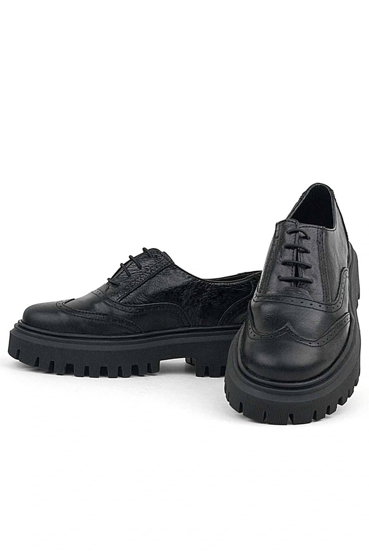 Rakerplus Siyah Kırışık Rugan Hakiki Deri Bağcıklı Oxford Günlük Ayakkabı