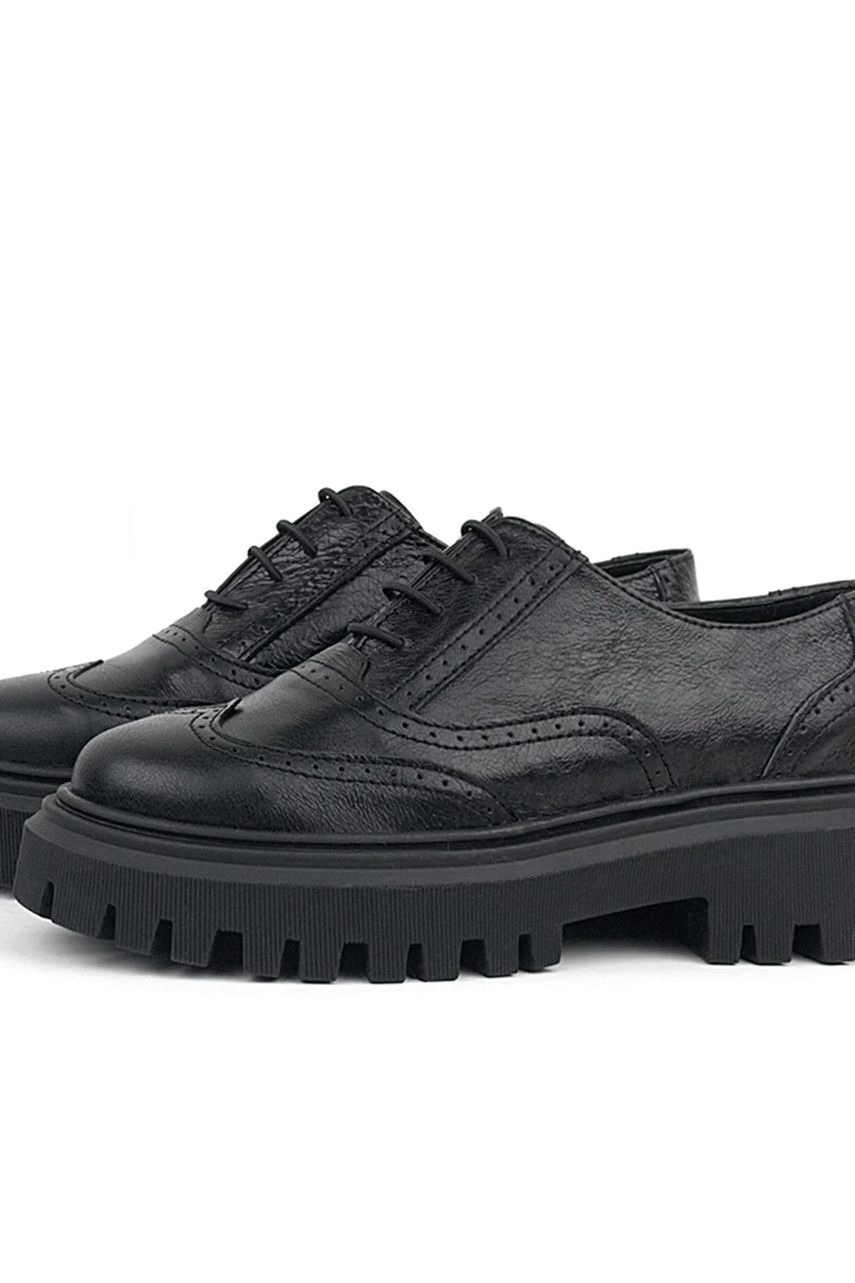 Rakerplus Siyah Kırışık Rugan Hakiki Deri Bağcıklı Oxford Günlük Ayakkabı