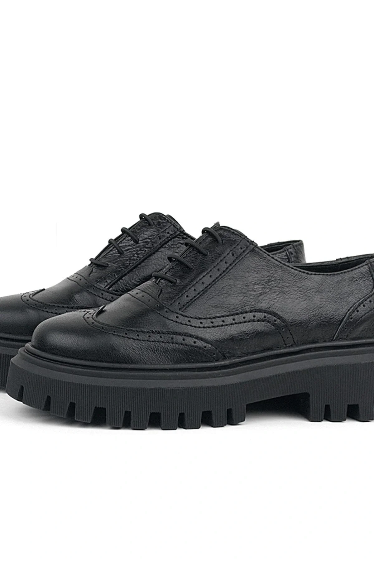 Rakerplus Siyah Kırışık Rugan Hakiki Deri Bağcıklı Oxford Günlük Ayakkabı