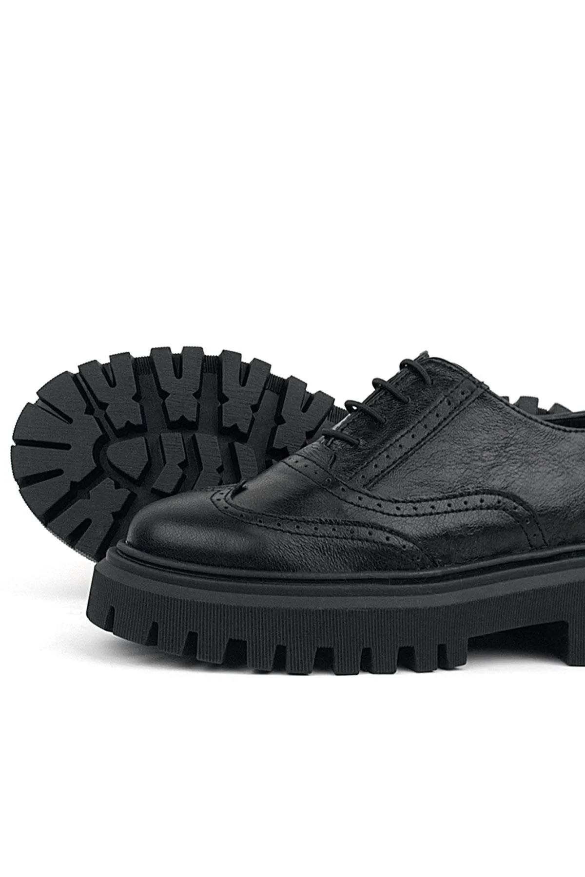 Rakerplus Siyah Kırışık Rugan Hakiki Deri Bağcıklı Oxford Günlük Ayakkabı