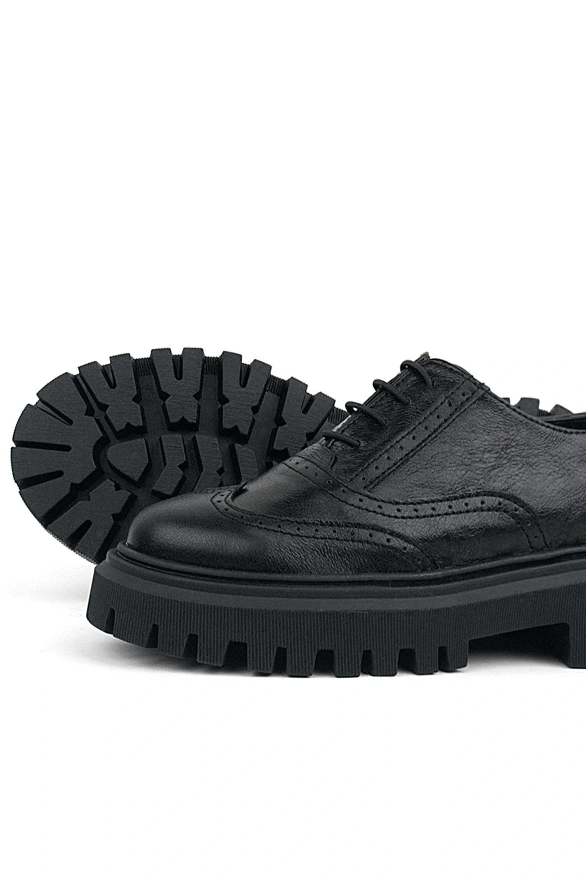 Rakerplus Siyah Kırışık Rugan Hakiki Deri Bağcıklı Oxford Günlük Ayakkabı