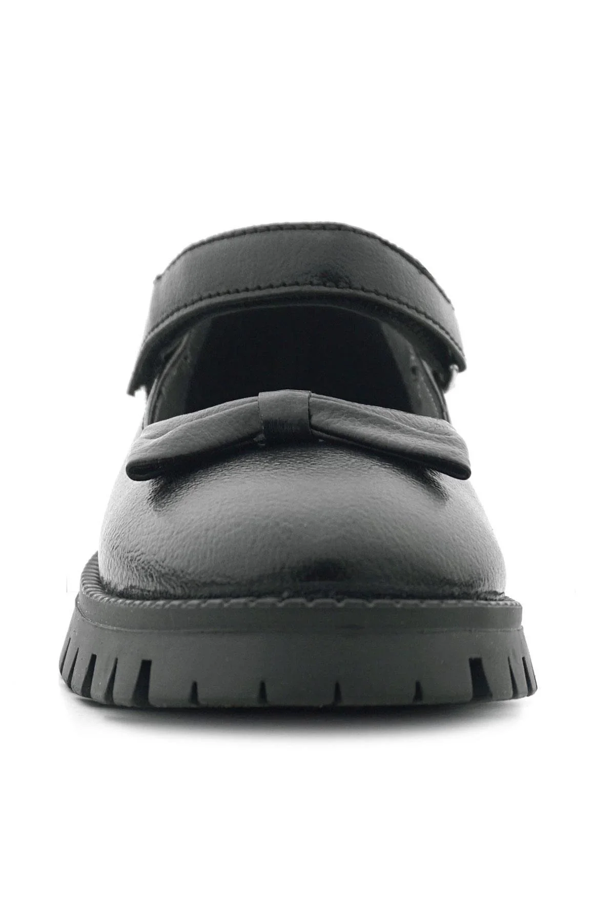 Rakerplus Siyah Kırışık Rugan Kalın Tabanlı Cırtlı Kız Çocuk Babet