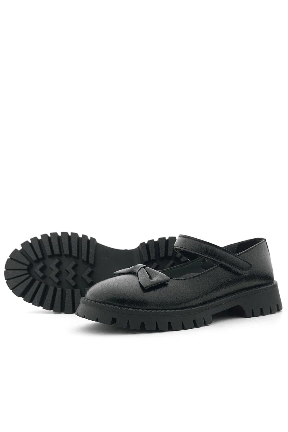 Rakerplus Siyah Kırışık Rugan Kalın Tabanlı Cırtlı Kız Çocuk Babet