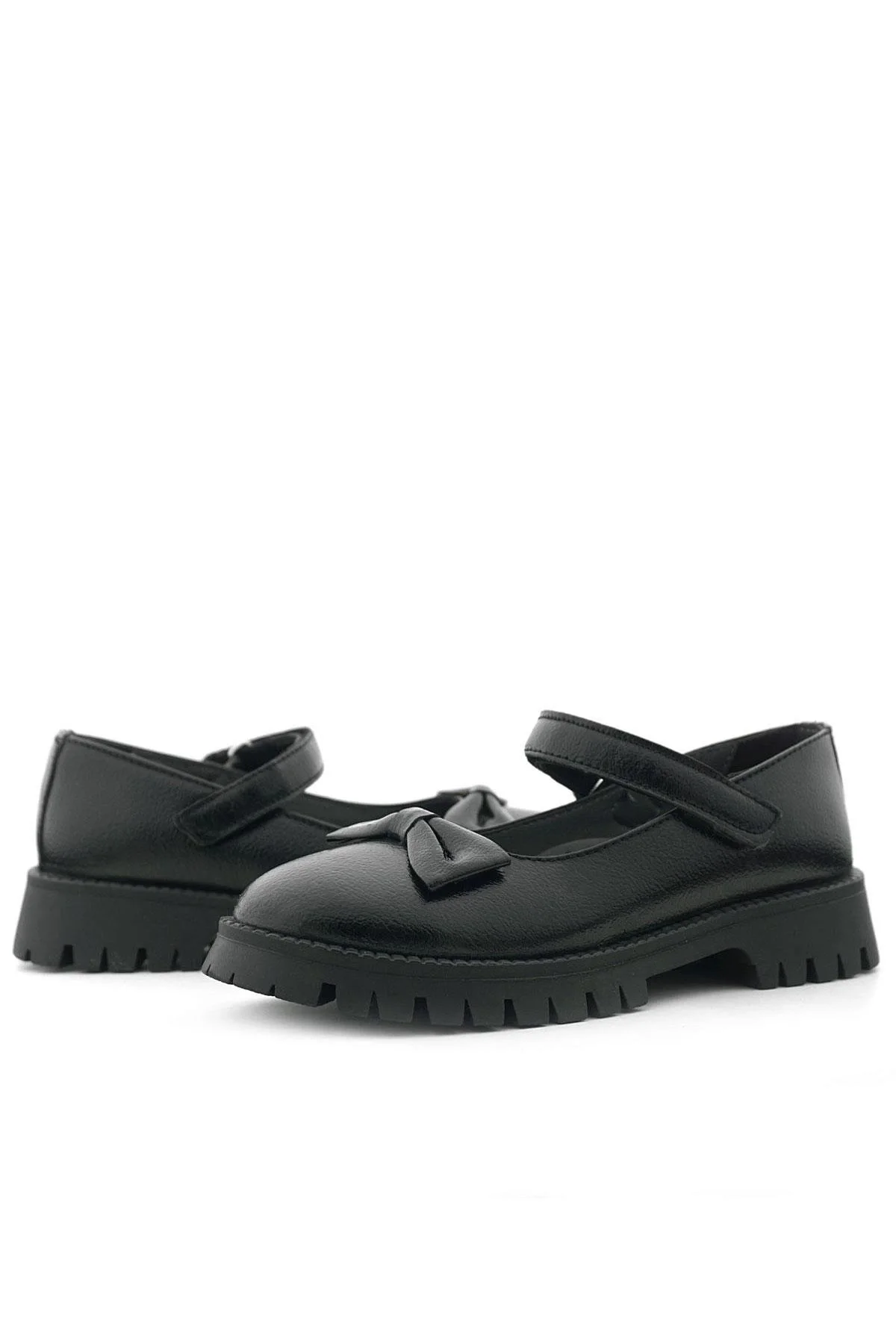 Rakerplus Siyah Kırışık Rugan Kalın Tabanlı Cırtlı Kız Çocuk Babet