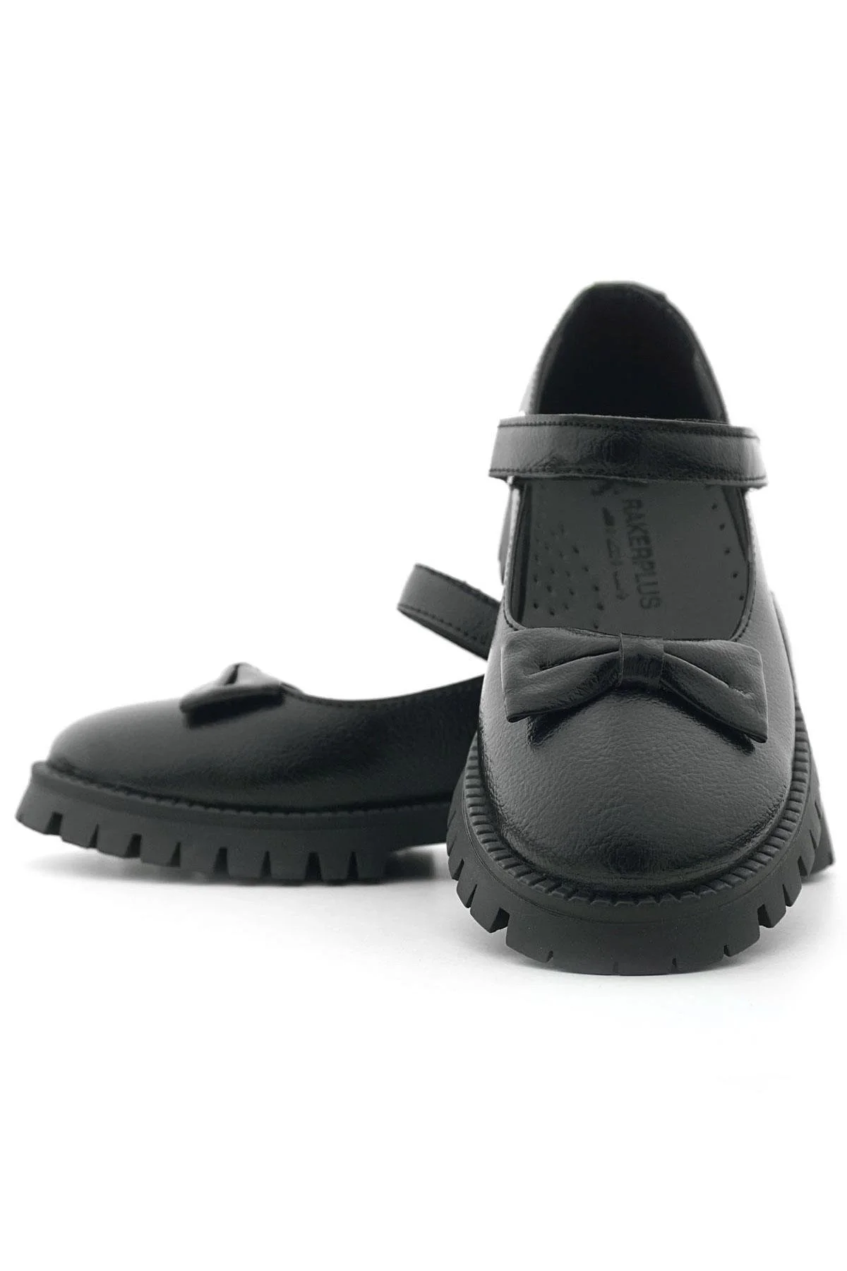 Rakerplus Siyah Kırışık Rugan Kalın Tabanlı Cırtlı Kız Çocuk Babet