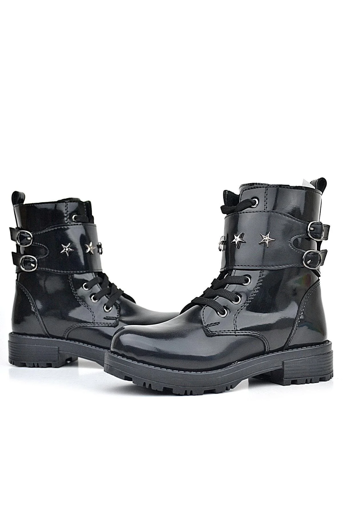 Rakerplus Siyah Rugan Bağcıklı Fermuarlı Yıldız Detaylı Kız Çocuk Bot