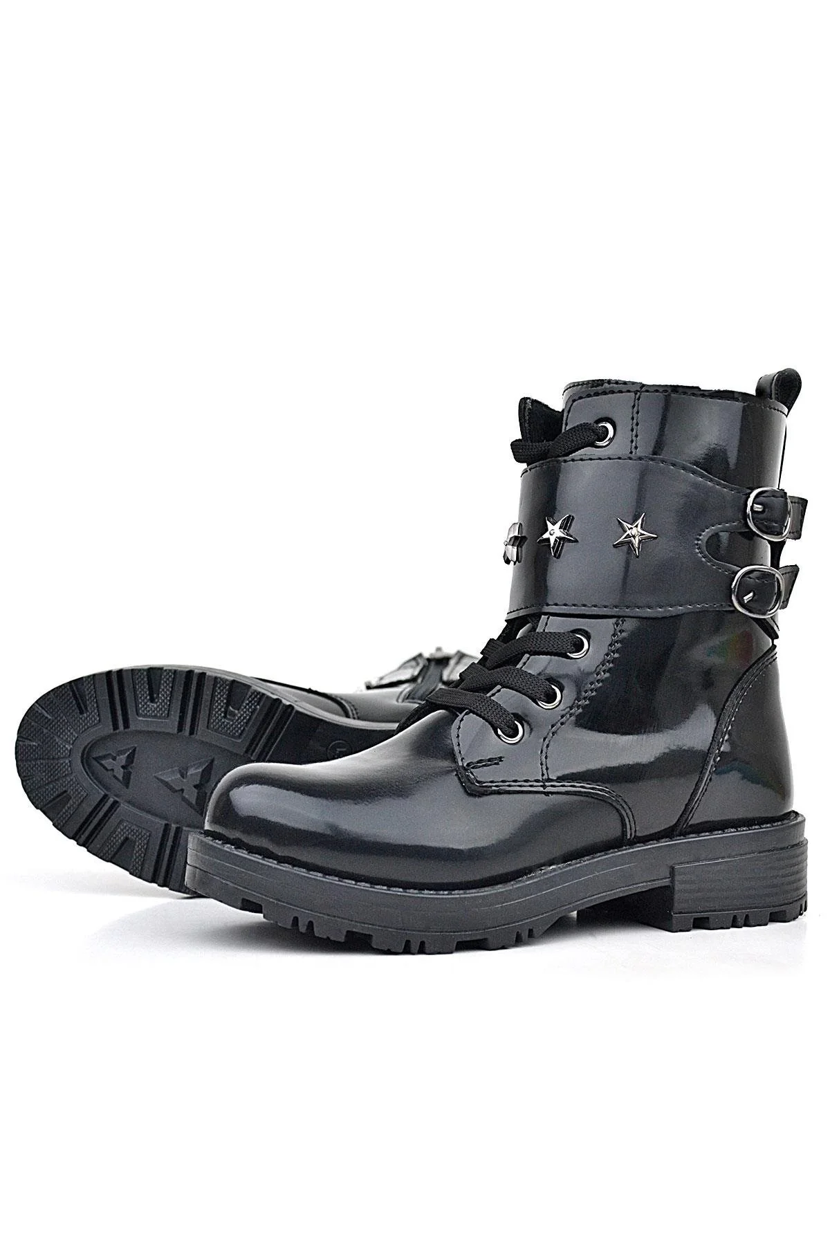 Rakerplus Siyah Rugan Bağcıklı Fermuarlı Yıldız Detaylı Kız Çocuk Bot