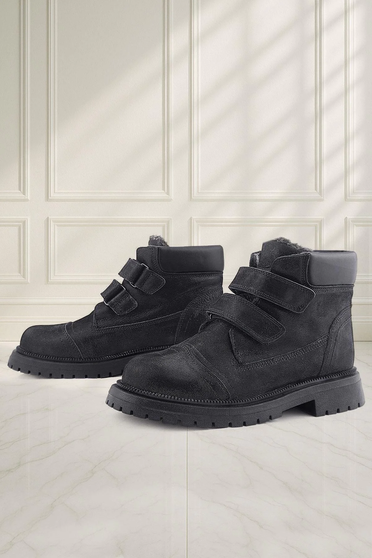 Rakerplus Siyah Simli Cırt Cırtlı Hakiki Deri Kız Çocuk Bot