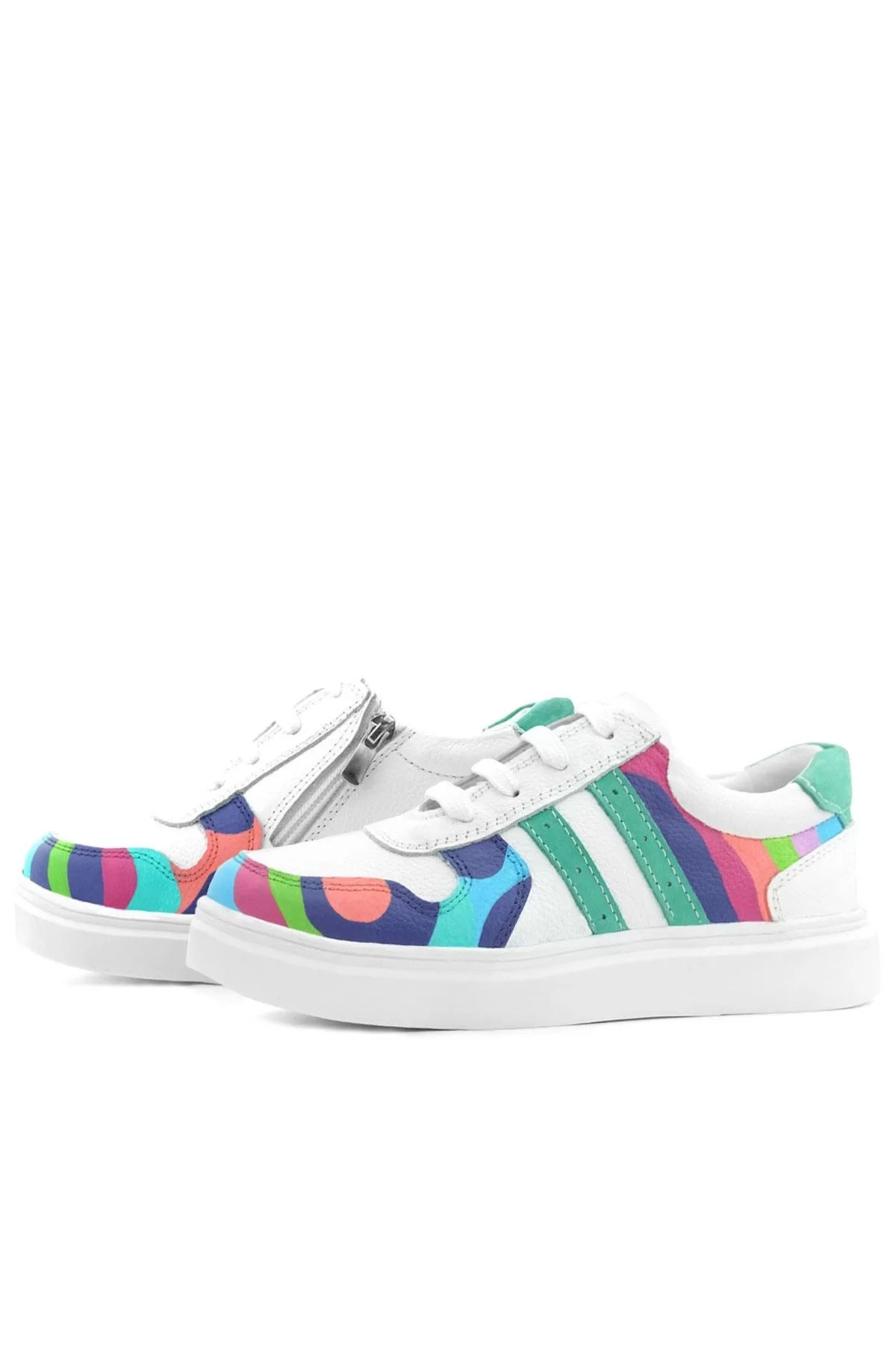Rakerplus Tbons Özel Tasarım Hakiki Deri Beyaz Yeşil Bağcıklı Fermuarlı Çocuk Sneaker