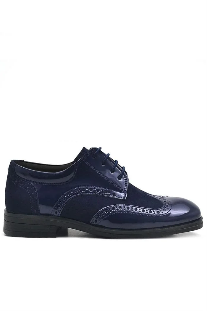 Rakerplus Titan Lacivert Rugan Bağcıklı Süet Detaylı Klasik Erkek Çocuk Ayakkabı