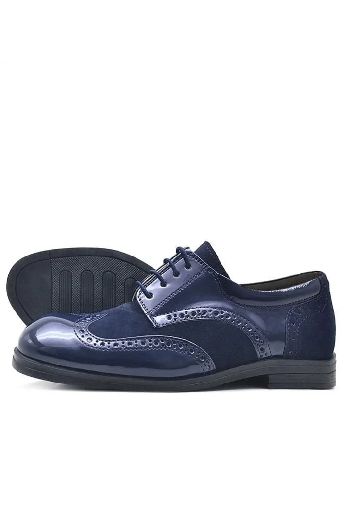 Rakerplus Titan Lacivert Rugan Bağcıklı Süet Detaylı Klasik Erkek Çocuk Ayakkabı