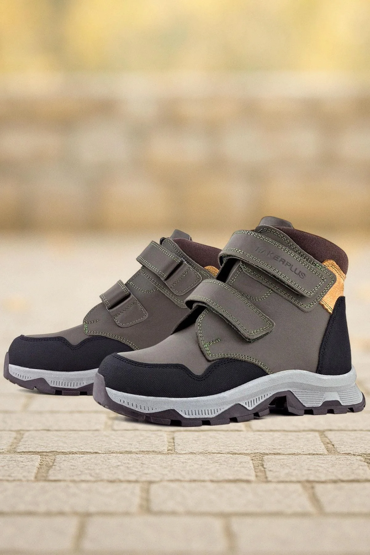 Rakerplus Trekking Hakiki Deri Haki Yeşil Sarı Cırt Cırtlı Erkek Çocuk Bot