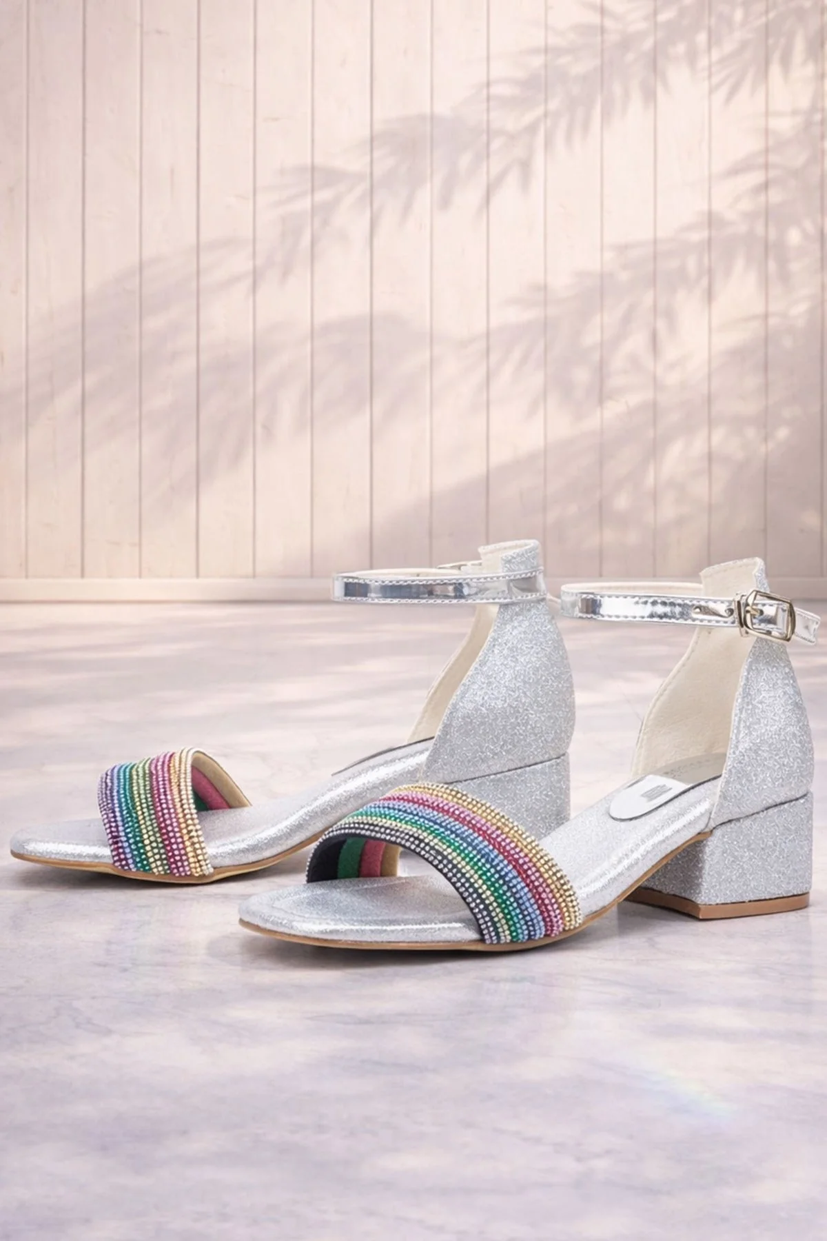 Tiara Renkli Taşlı Gümüş Kız Çocuk Abiye Topuklu Ayakkabı