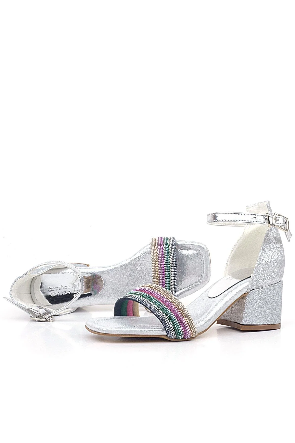Tiara Renkli Taşlı Gümüş Kız Çocuk Abiye Topuklu Ayakkabı