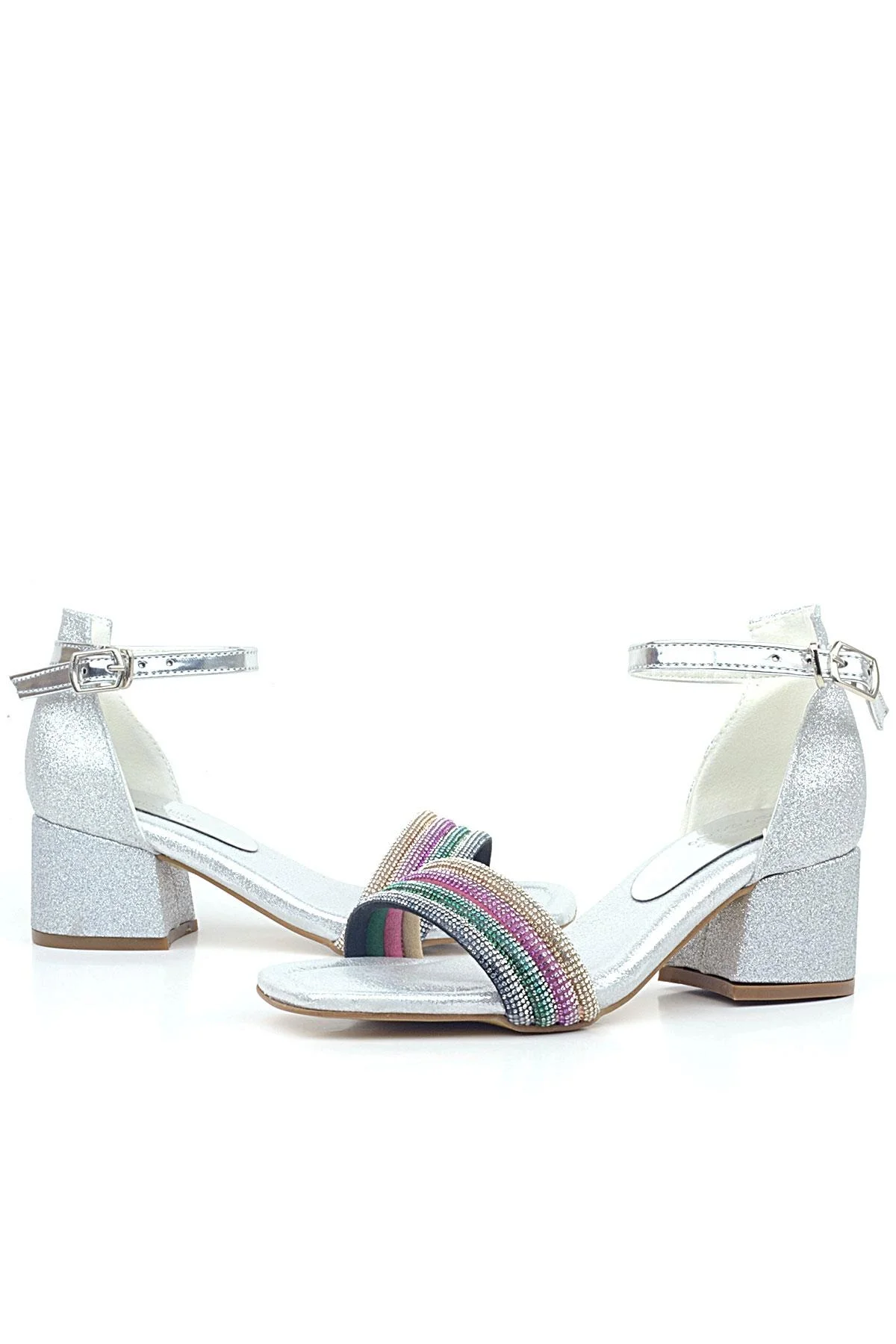 Tiara Renkli Taşlı Gümüş Kız Çocuk Abiye Topuklu Ayakkabı