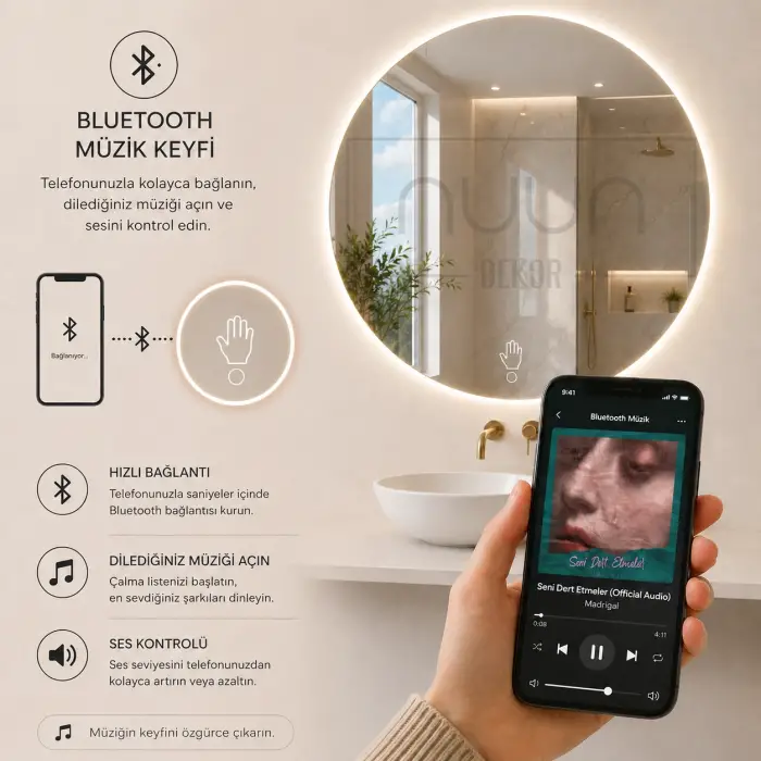 Bluetooth Hoparlörlü Hareket Sensörlü LEDli Ayna – Dimmer Özellikli