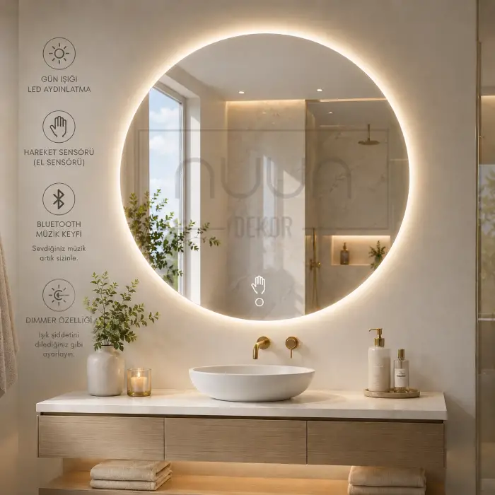 Bluetooth Hoparlörlü Hareket Sensörlü LEDli Ayna – Dimmer Özellikli